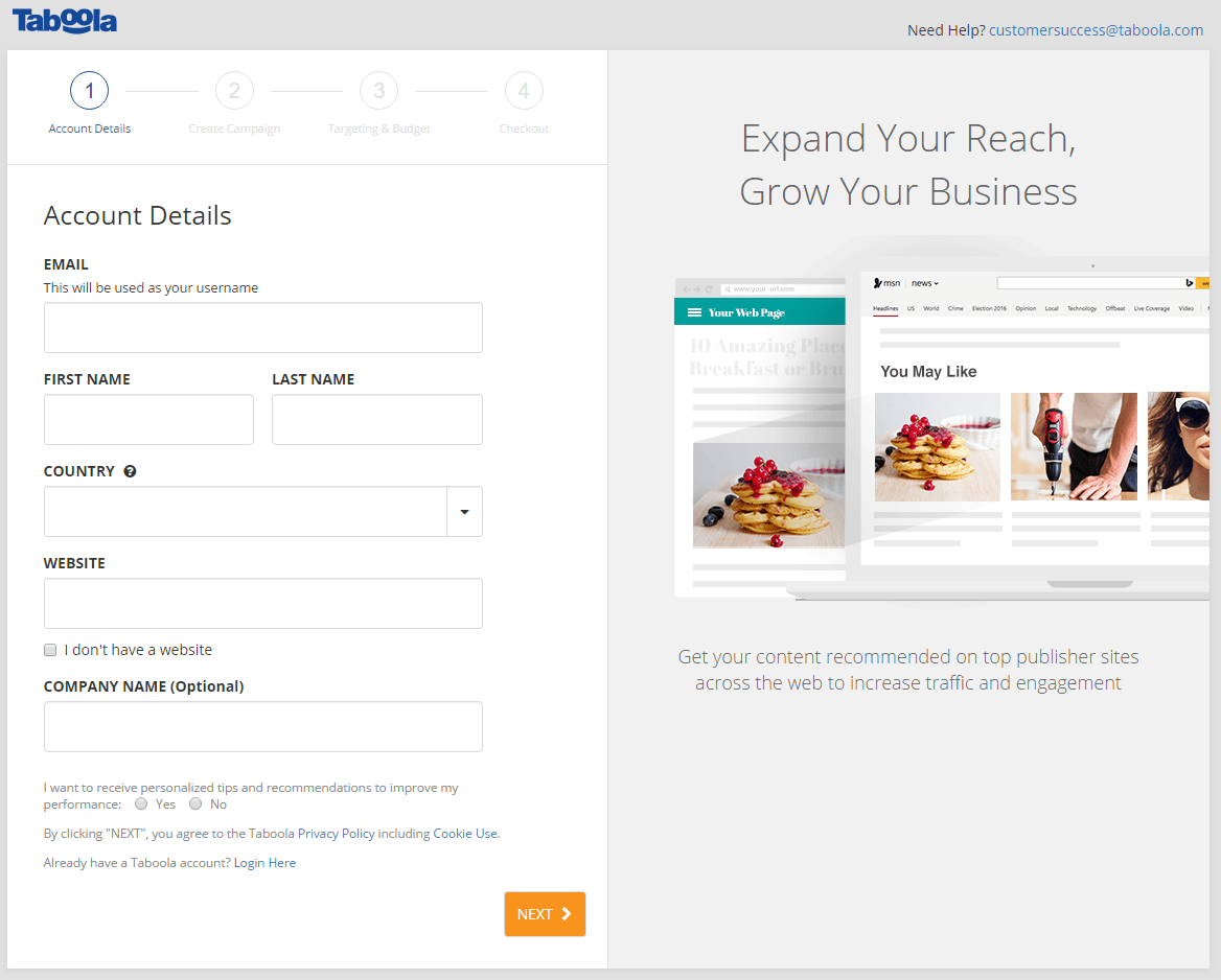 Taboola Sign Up Page image